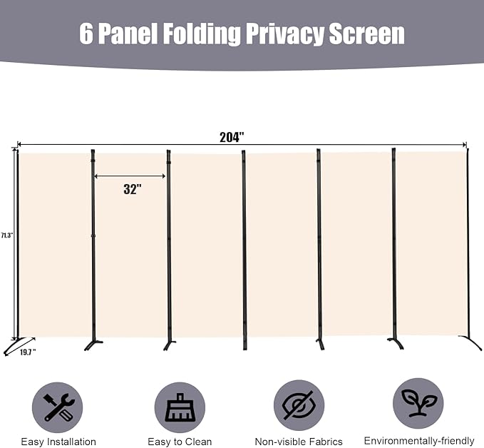 Room Divider 6FT Folding Privacy Screens, 6 Panel Partition Room Dividers - Image 6
