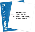 OnlineLabels 8.5" x 5.5" Half-Sheet Shipping Labels - Matte - 500 Sheets | Permanent Adhesive, Blank Rectangle Labels, Inkjet & Laser Compatible, Ideal for FBA, FedEx, USPS, & UPS Shipping