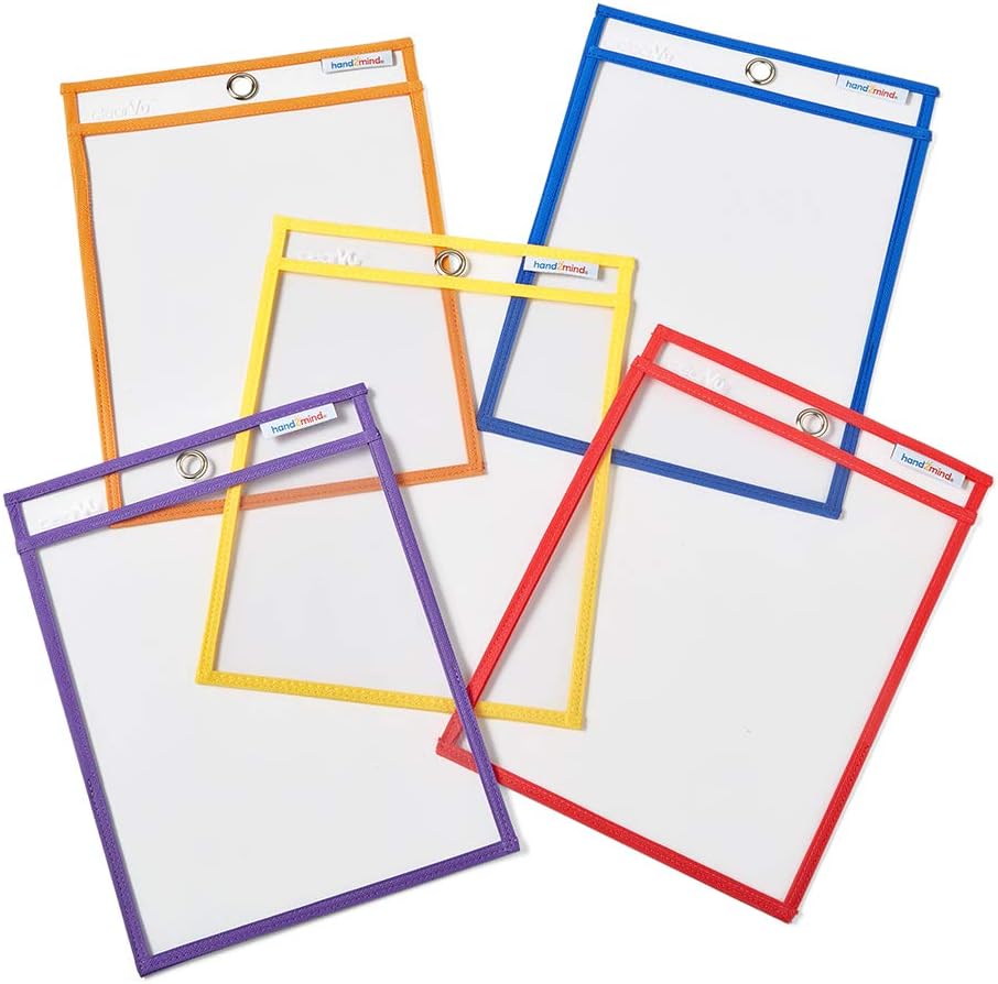 hand2mind Reusable Clear-Vu Dry Erase Pockets for Students, Dry Erase Office Supplies, Teacher Supplies for Classroom, School Supplies, Classroom Supplies (Pack of 5)