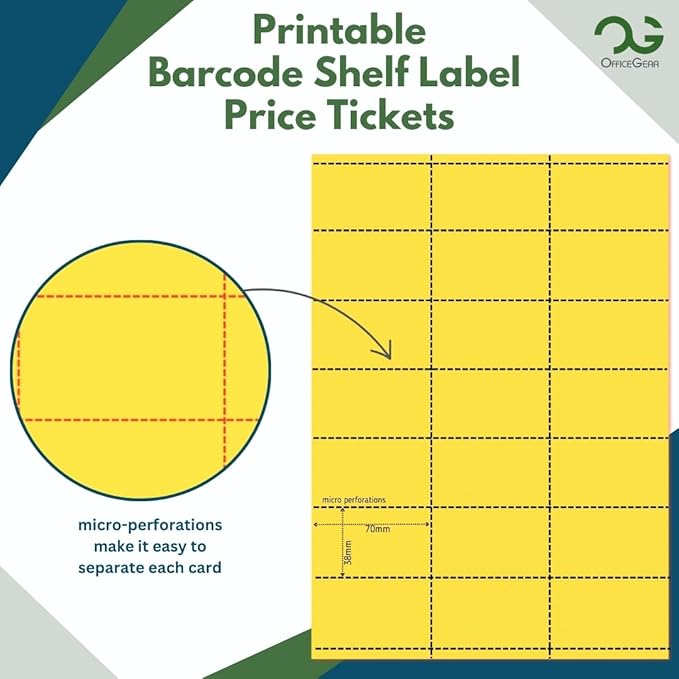 OfficeGear Yellow Shelf Edge Labels 21-up 38x70mm Printable A4 Card Perforated - Image 2