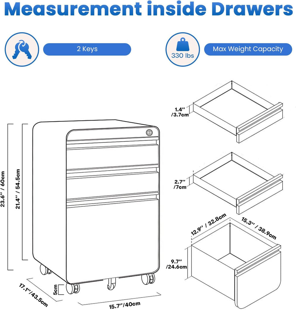 Dripex 3 Drawer Metal Rolling File Cabinet Under Desk Filing Cabinet White | 16"W x 18"D x 24"H, Lockable, 5 Wheels, Fully Assembled, Letter/Legal Size, Suitable for Home Office