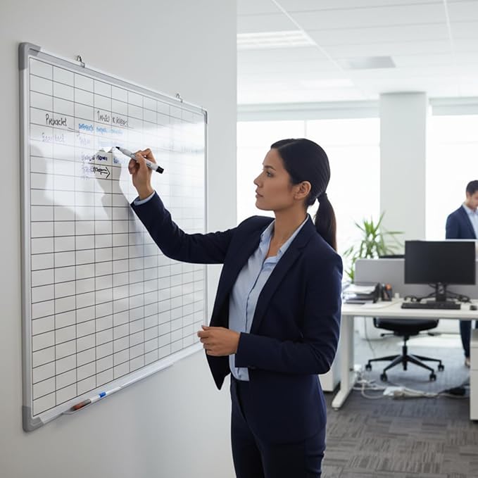 Lined Whiteboard Blank Grid Aluminum Frame Dry Erase Board Reusable Wall - Image 4