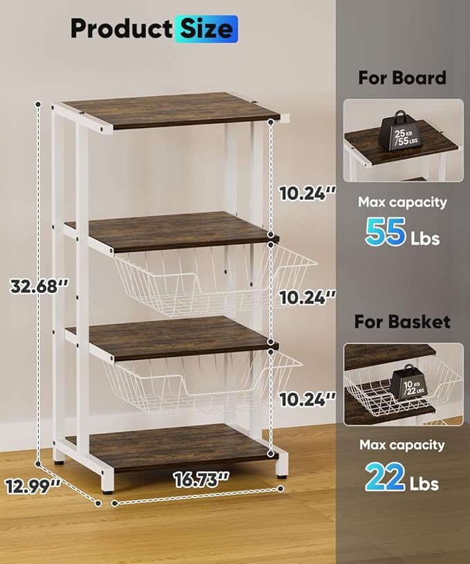 Ardier Media Stand with Two Detachable Baskets, 4-Tier AV Media Stand Corner - Image 4