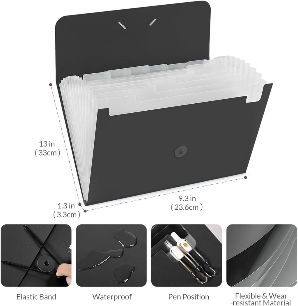 SKYDUE Expanding File Folde rwith 13 Pockets, Accordion File Organizer fits for A4/Letter Sized Paper, Accordion Folder with Labels - Document Receipt Organizer for Office, School, Home Blak