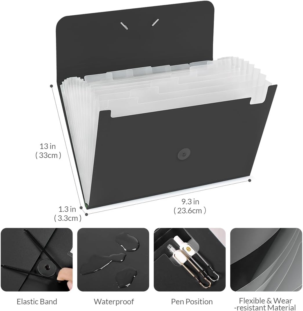 SKYDUE Expanding File Folde rwith 13 Pockets, Accordion File Organizer fits for A4/Letter Sized Paper, Accordion Folder with Labels - Document Receipt Organizer for Office, School, Home Blak