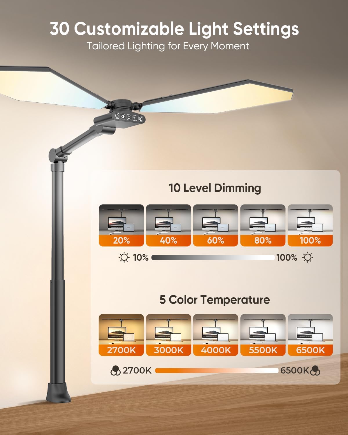 36w led desk lamp with clamp, dual-head architect, side view
