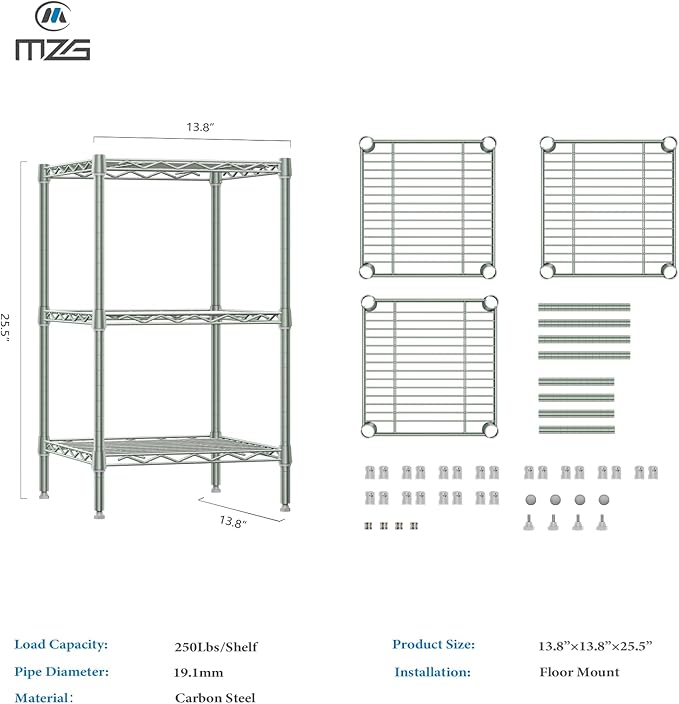 M MZG 750 lbs 3-Shelf Storage Shelves Wire Shelving Unit Standing Metal Rack - Image 3