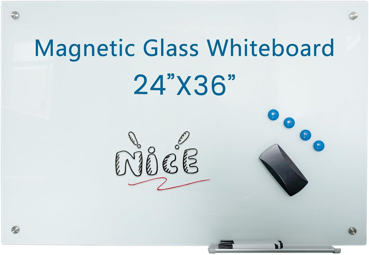 36x24 Magnetic Glass Dry Erase Board, Frameless Glass Whiteboard for Wall