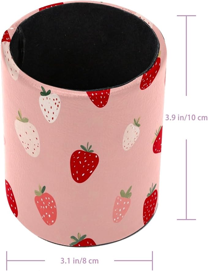 Leather Pen Holder for Desk Strawberries Pencil Cup Desktop Organizer Makeup - Image 3