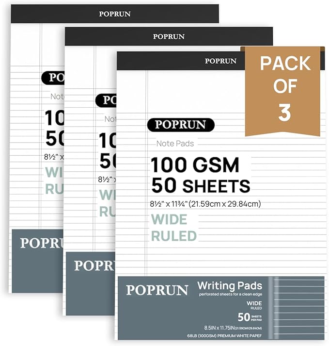 POPRUN White Legal Pads 8.5 x 11.75 Wide Ruled, 100GSM Writing Paper Pad by POPRUN