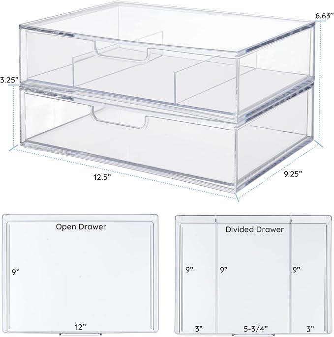 STORi STAX Plastic Stackable Organizer Drawers Clear | 12.5" Wide | Set - Image 3