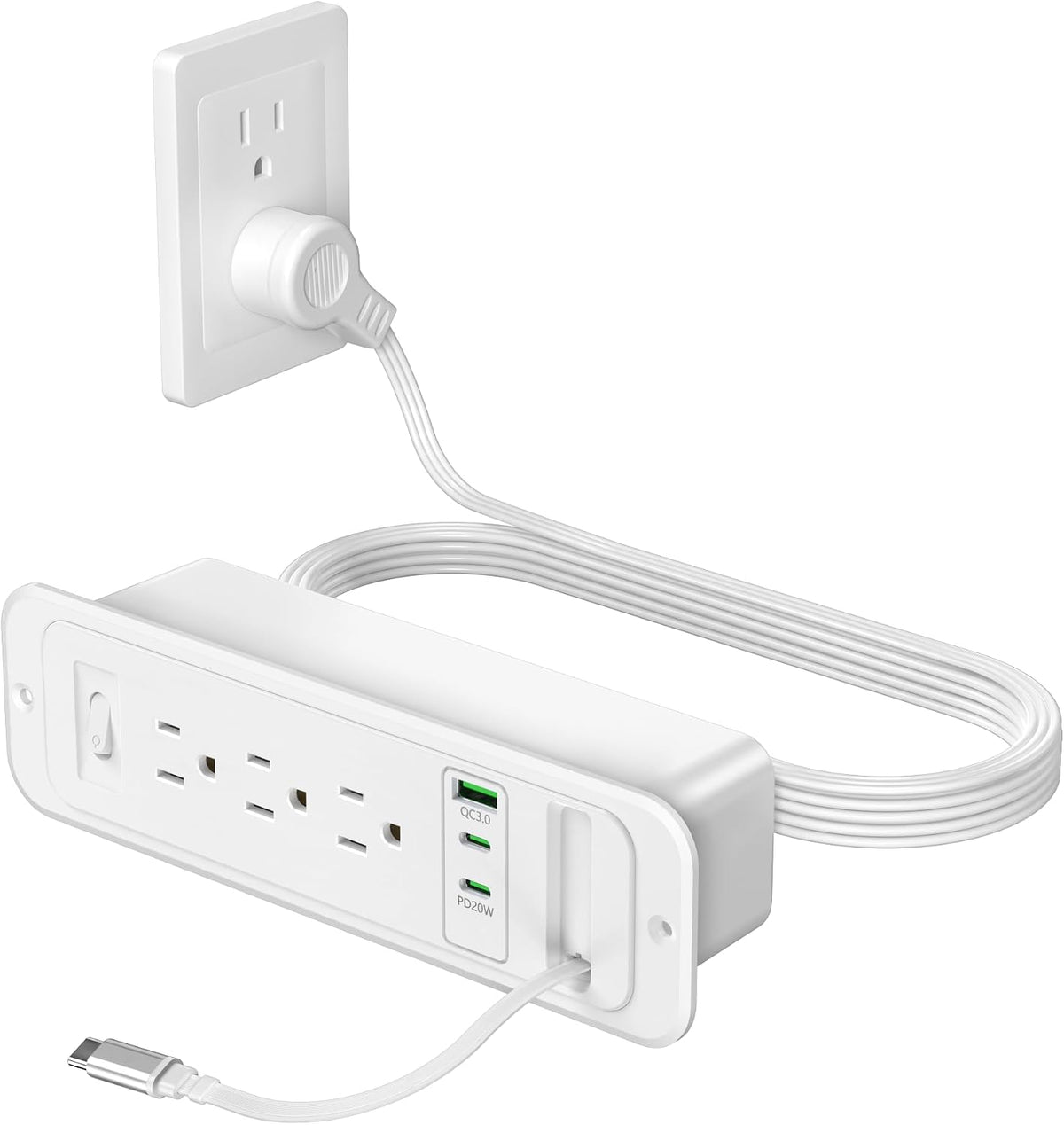 Recessed Power Strip with Retractable USB C Cable, 2 PD 20W USB C, Flush Mount