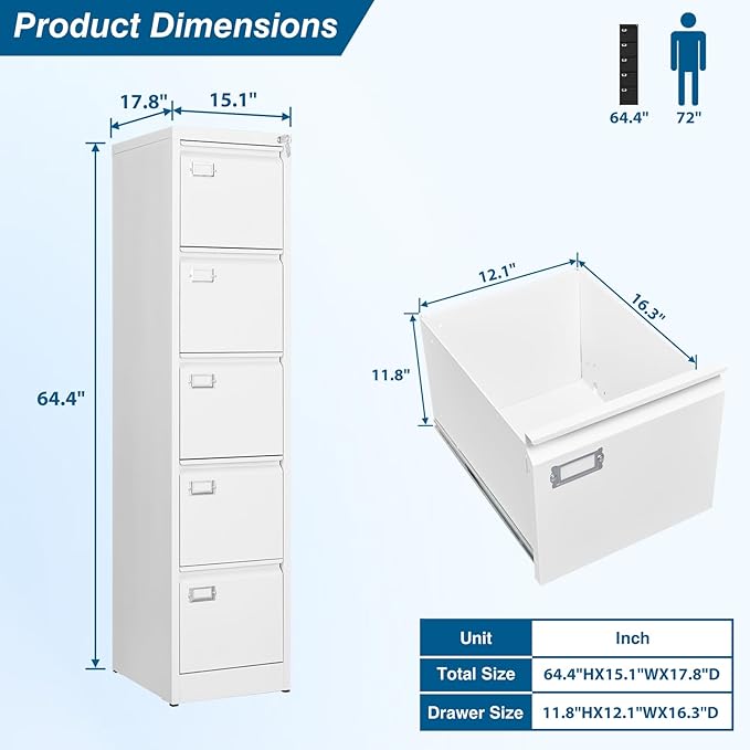 PEUKC 5-Drawer File Cabinet, 16.3" Deep Vertical Metal Filing Cabinet - Image 3