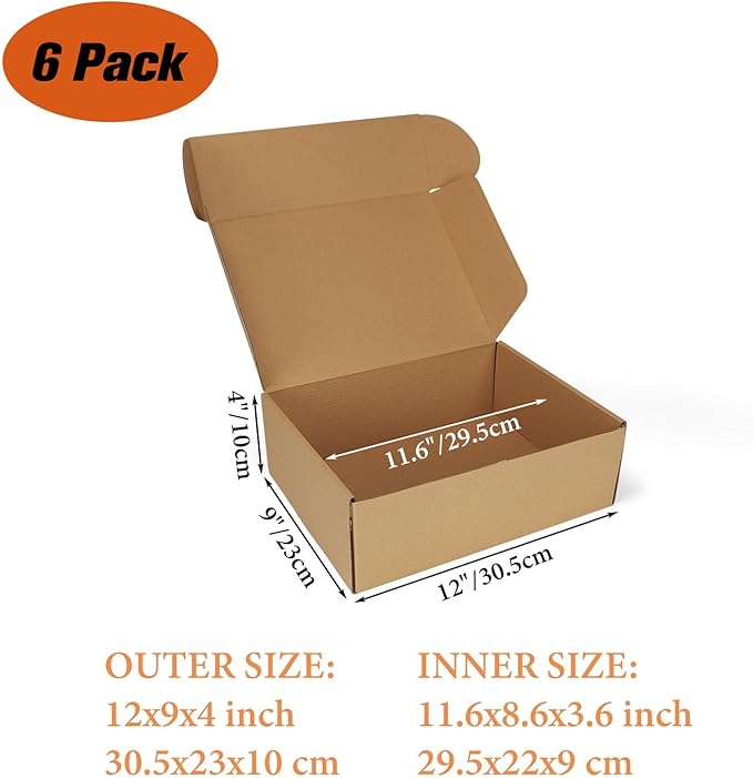 PHAREGE 12x9x4 inch Shipping Boxes 6 Pack Brown, Tab Lock Tuck Top Mailer Boxes - Image 2