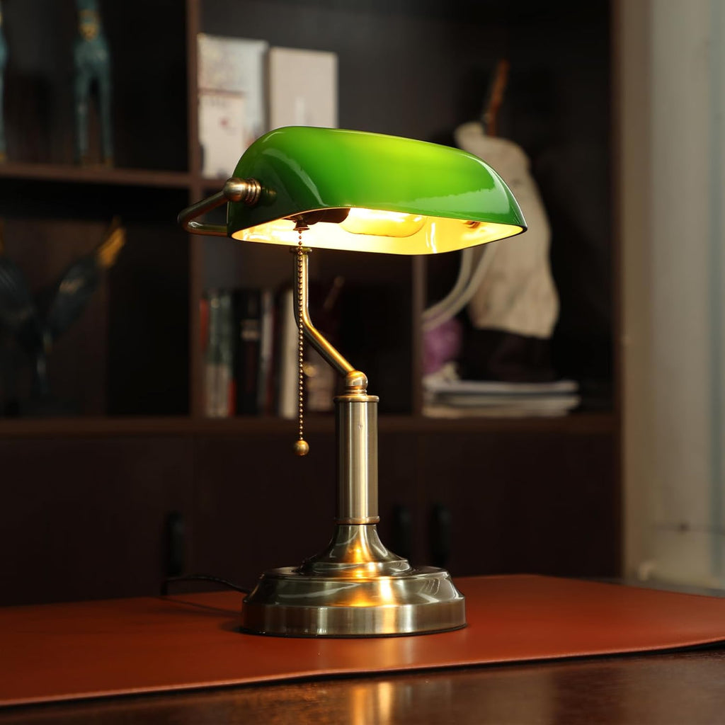 torchstar green glass bankers desk lamp with pull shown in use