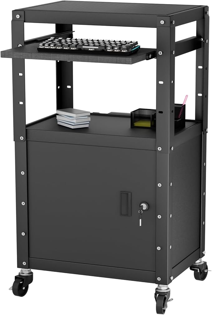 Mobile AV Cart with Cabinet, Rolling Computer Cart Height Adjustable Rolling by GREHITK