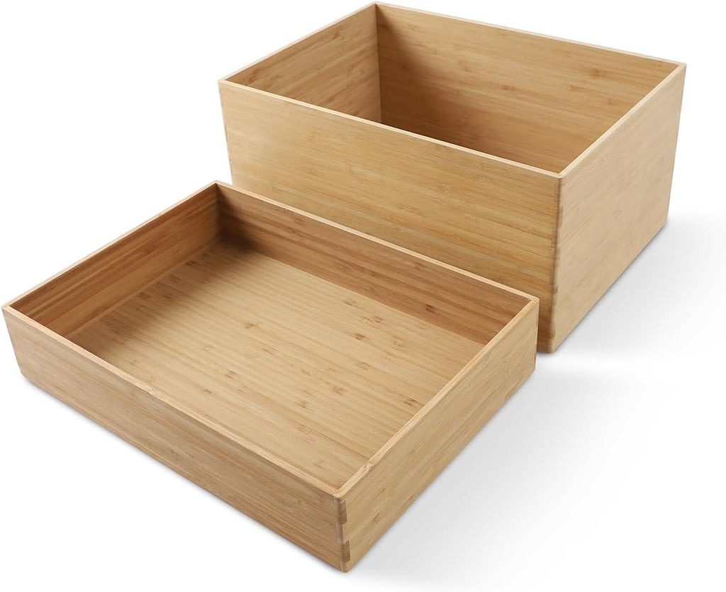 2-Piece Large Bamboo Storage Box Set, 7.1 in High Stackable Deep-Drawer