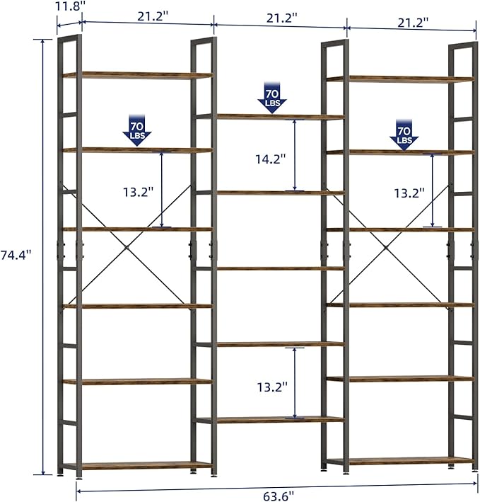 NUMENN Triple Wide 6 Tier Bookshelf, Rustic Industrial Style Bookcases and - Image 3