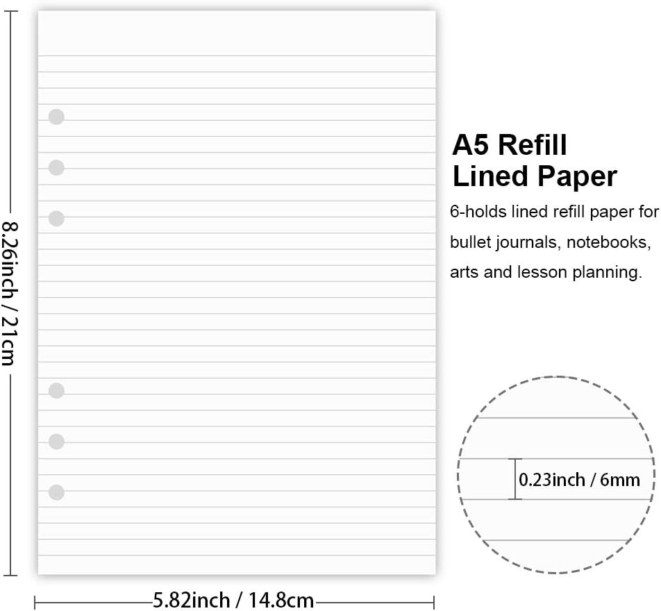 A5 Lined Paper, Refills for Filofax Planner, Organizer, Binders, 6 Hole Punched, 100 Sheets/200 Pages, 100gsm, White, 5.8 x 8.2 Inch