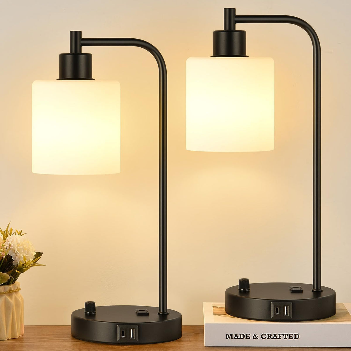 Lynnoland Set of 2 Industrial Table Lamps with USB C+A Ports and Outlet, Blac...