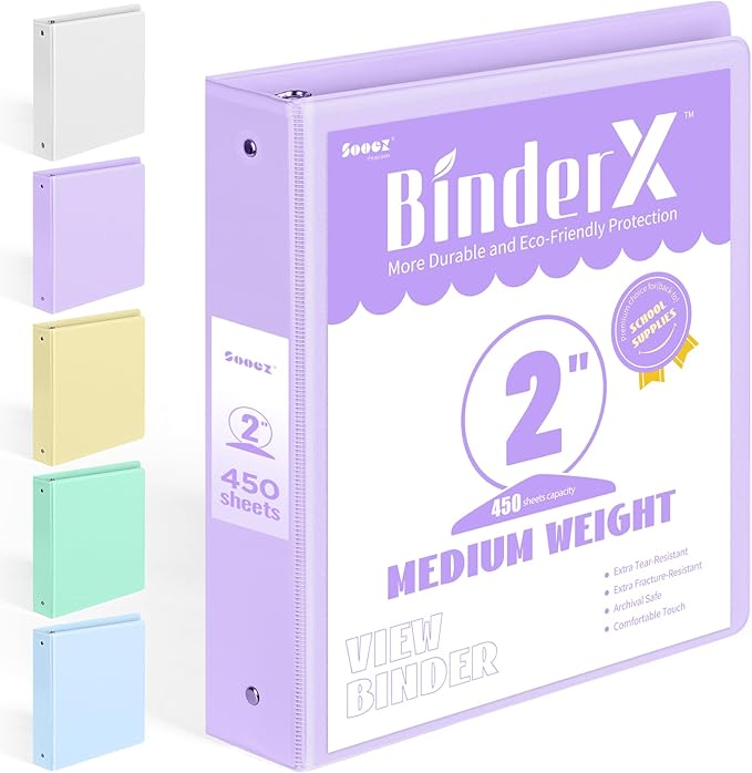 BinderX Extra Durable 3 Ring Binder, Round Ring 2 Inch Binders, Fits 450 Sheets by Sooez