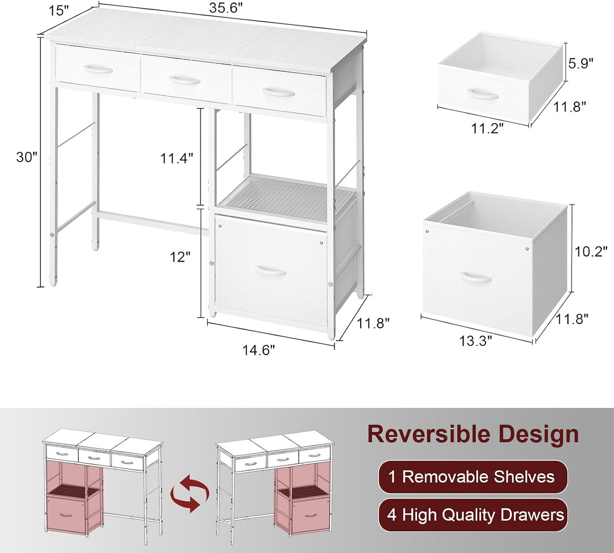 White Desk with File Drawers Cabinet, Small Writing Desk with Storage Shelf