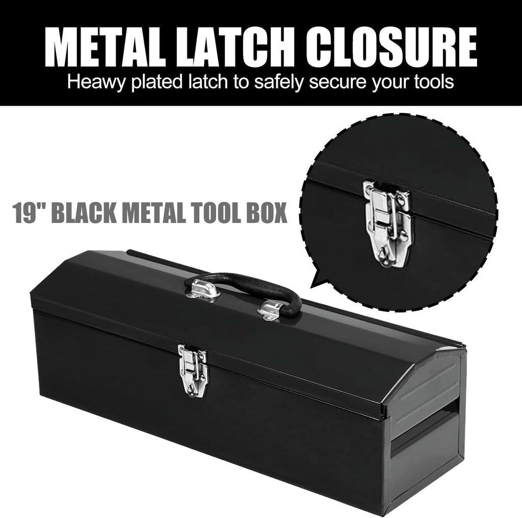 19" portable tool box, metal tool box, ideal, side view