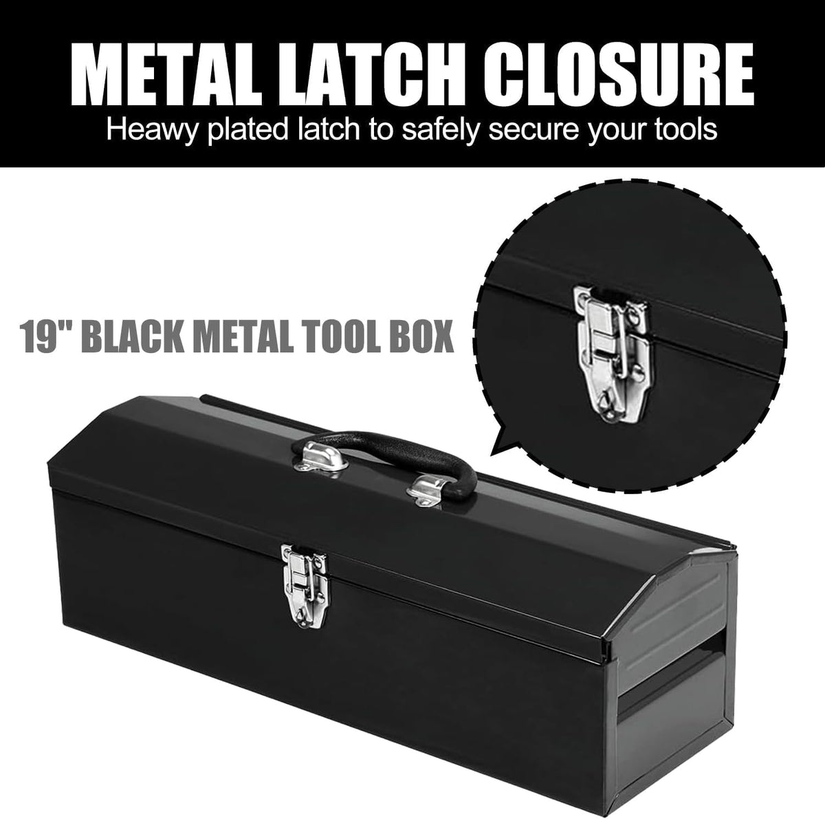 19" portable tool box, metal tool box, ideal, side view