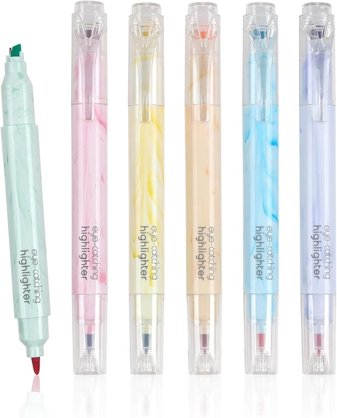 Techjob Aesthetic Highlighters 6 Pack Dual Tips, Double Line Highlighters by Techjob