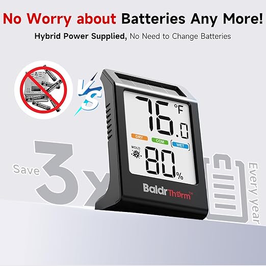 BaldrTherm Room Thermometer Indoor Humidity Meter, Solar-Powered 3.2'' Digital - Image 3