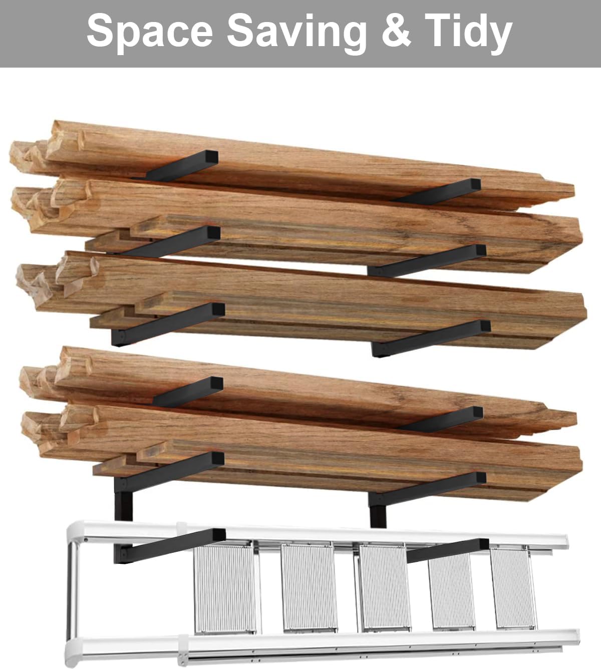 lumber storage metal rack, 3-level wall-mounted organizer and, side view