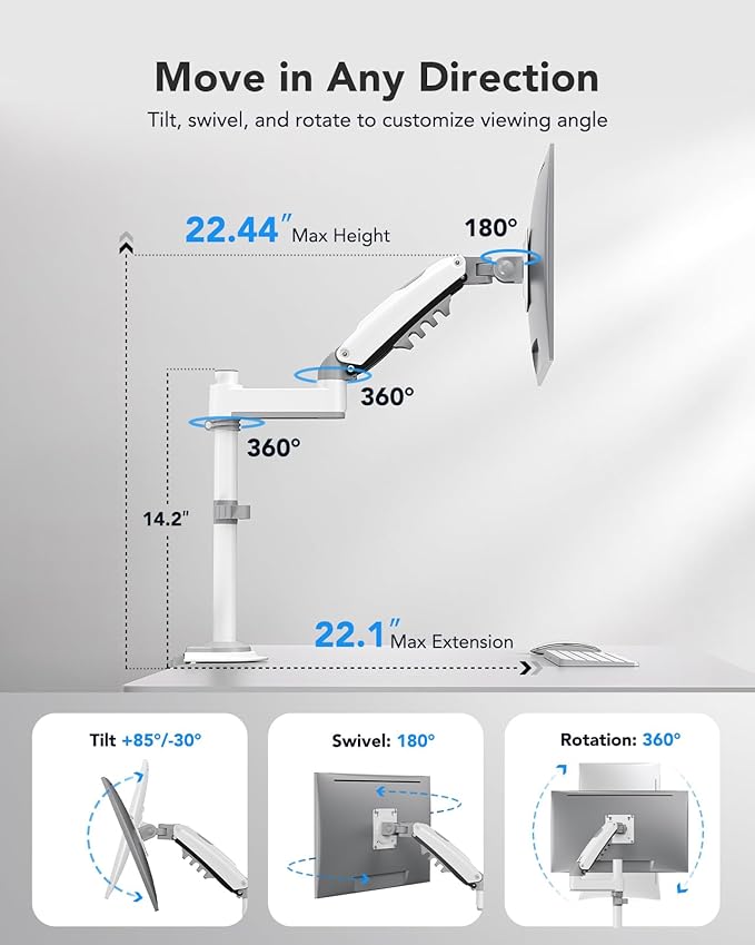 HUANUO Single Monitor Arm, Adjustable Desk Mount - Image 3
