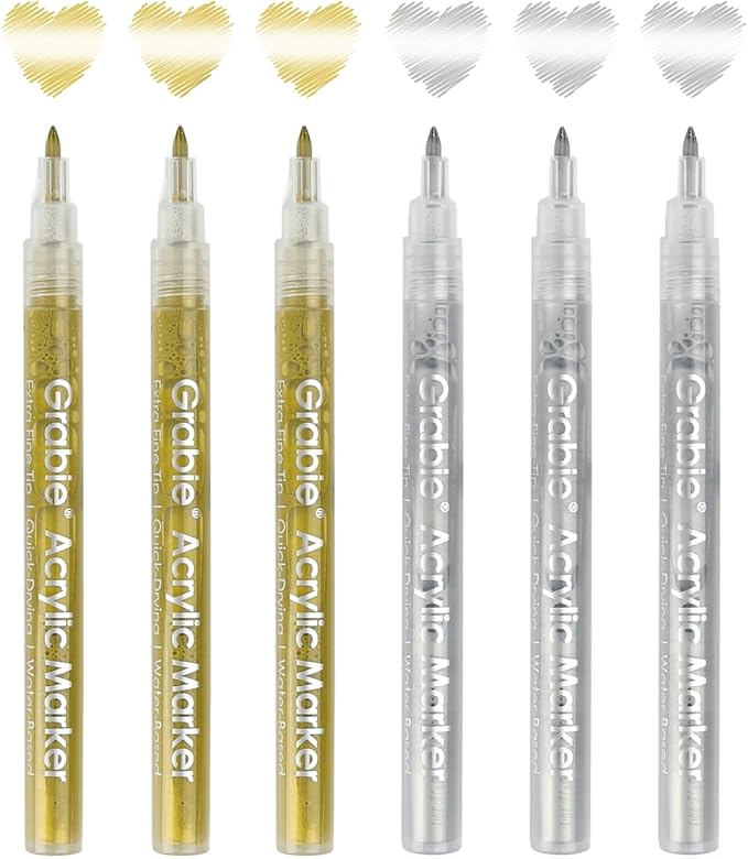 Grabie Gold&Silver Extra Fine Tip Acrylic Paint Marker Set, 6 Pack Gold Paint - Image 6