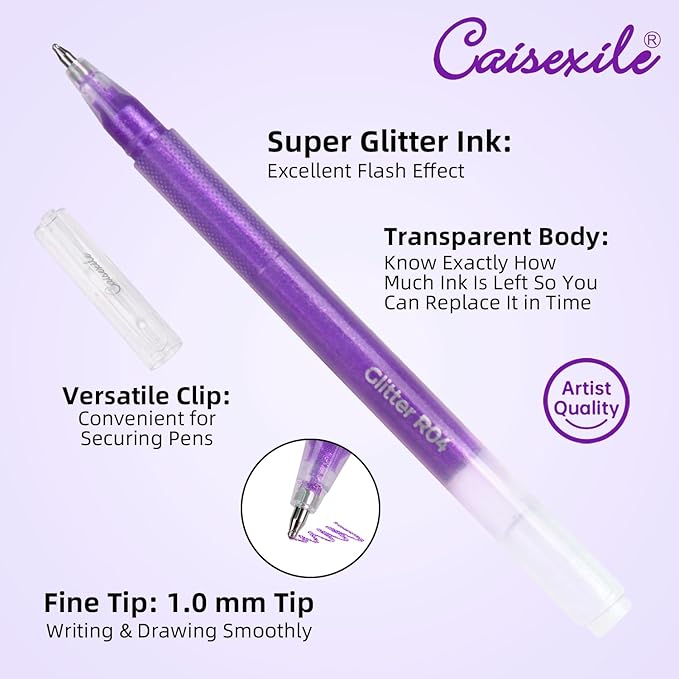 CAISEXILE 12 Purple Glitter Gel Pens Set, 1.0 mm Fine Point - Image 3