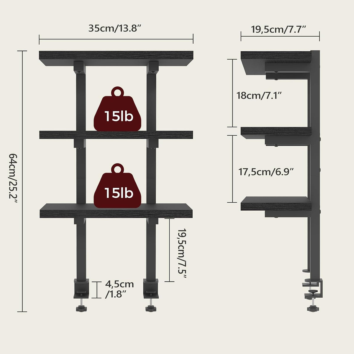 mahancris clamp on desk organizer, 3-tier desktop bookshelf, close-up detail