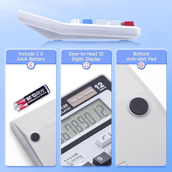 M&G Desk Calculator 12 Digit Extra Large LCD Display, Dual Solar Power and - Image 6