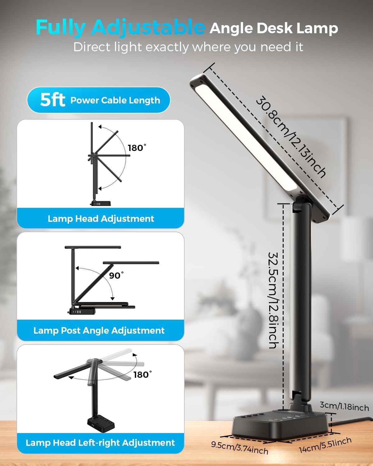 led desk lamp with power strip, 3 ac, side view