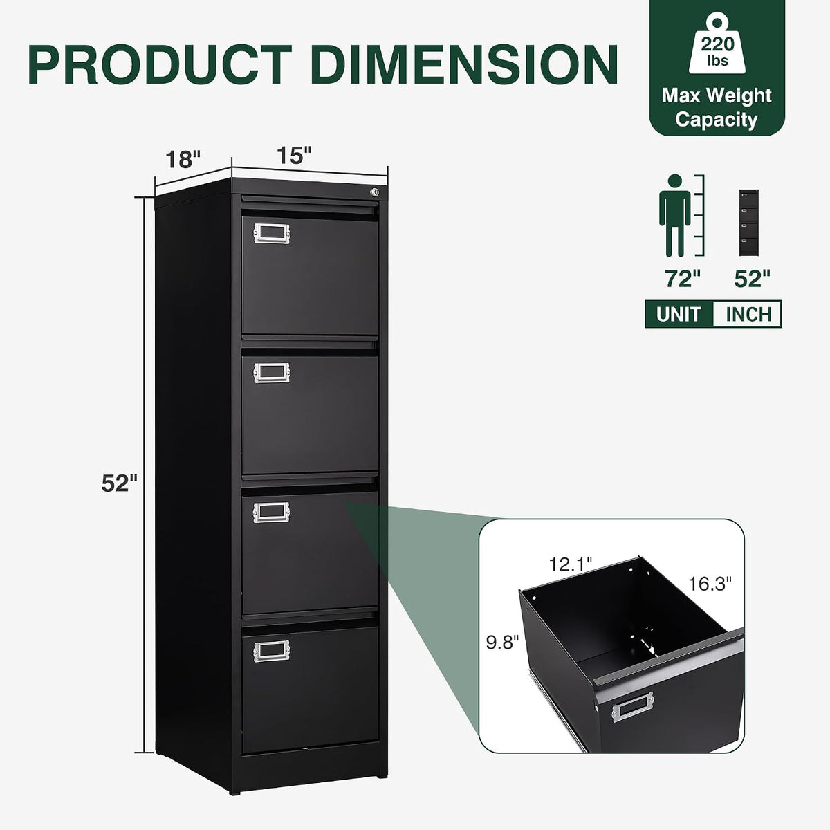 4 drawer file cabinet with lock, metal filing, close-up detail
