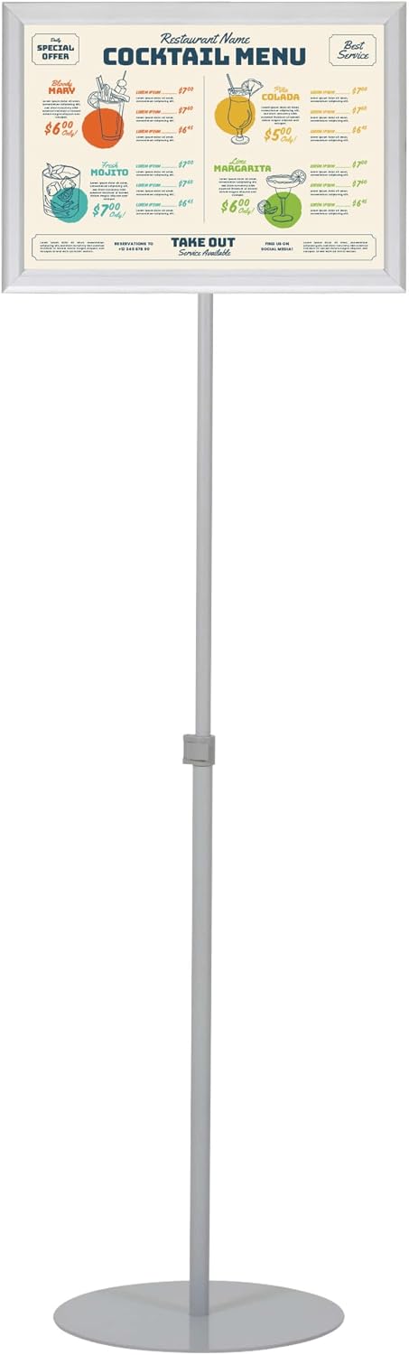 m&t displays pedestal adjustable telescoping menuboard, aluminum profile shown in use
