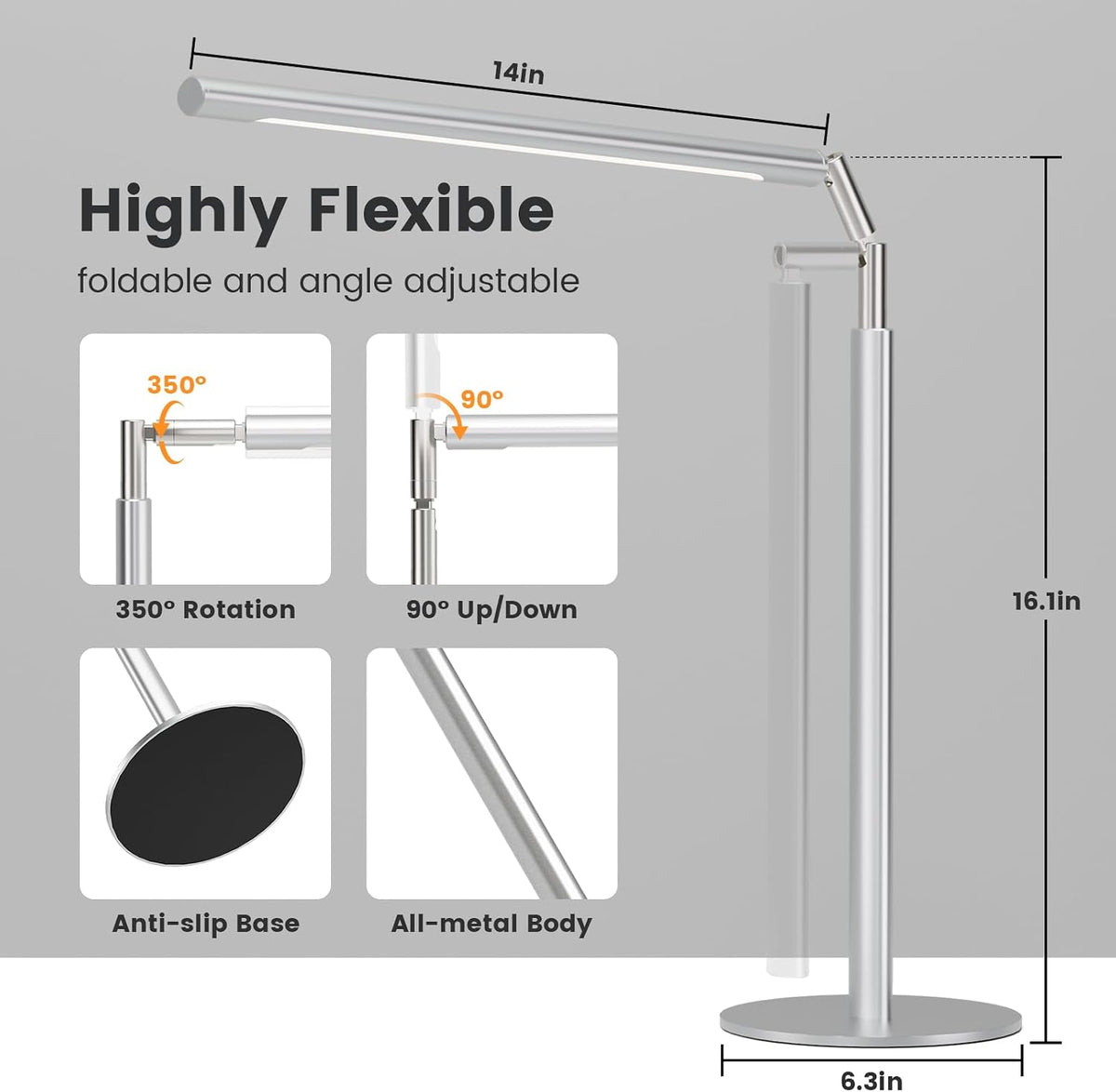 SIBRILLE Silver LED Desk Lamp, 16" Dimmable Metal Desk Light with Base, ...