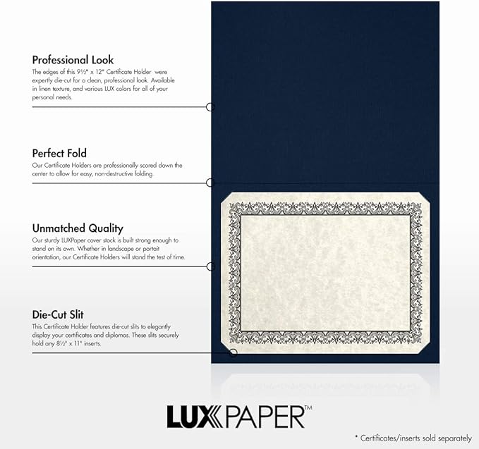LUXPaper 9.5" x 12" Certificate Holders | Nautical Blue Linen | Embossed Gold - Image 2