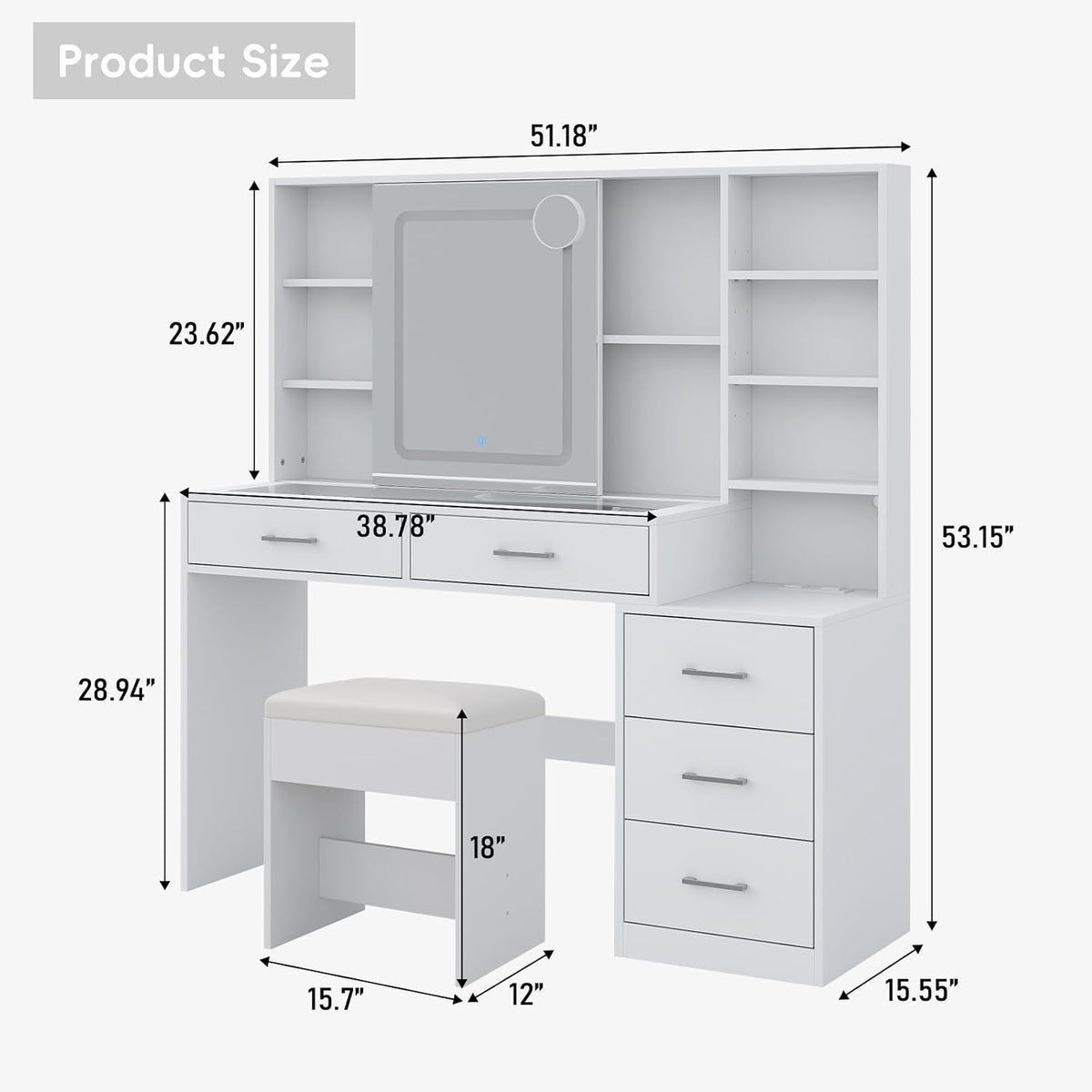 Yanosaku 51" Makeup Vanity with Sliding Mirror and Lights, Vanity with C...