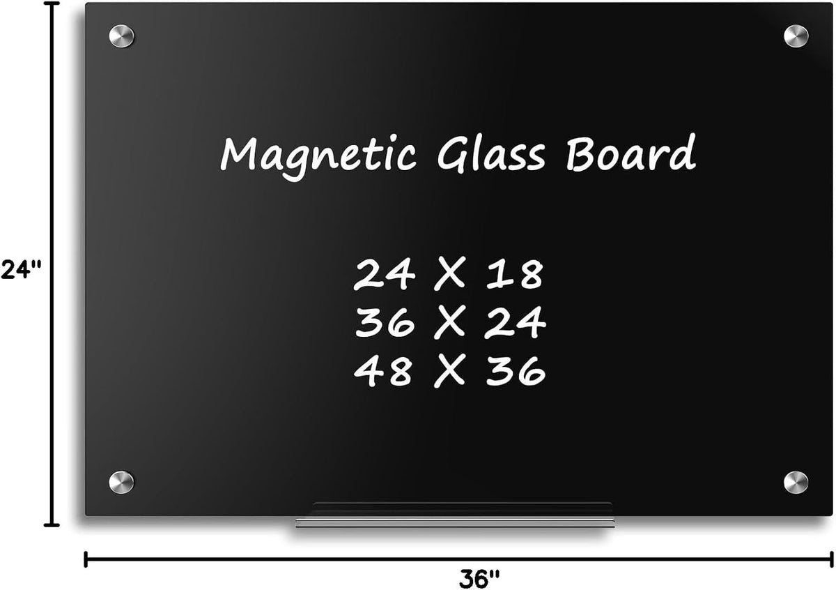 36” x 24” Black Dry Erase Board, Magnetic Tempered Glass Board