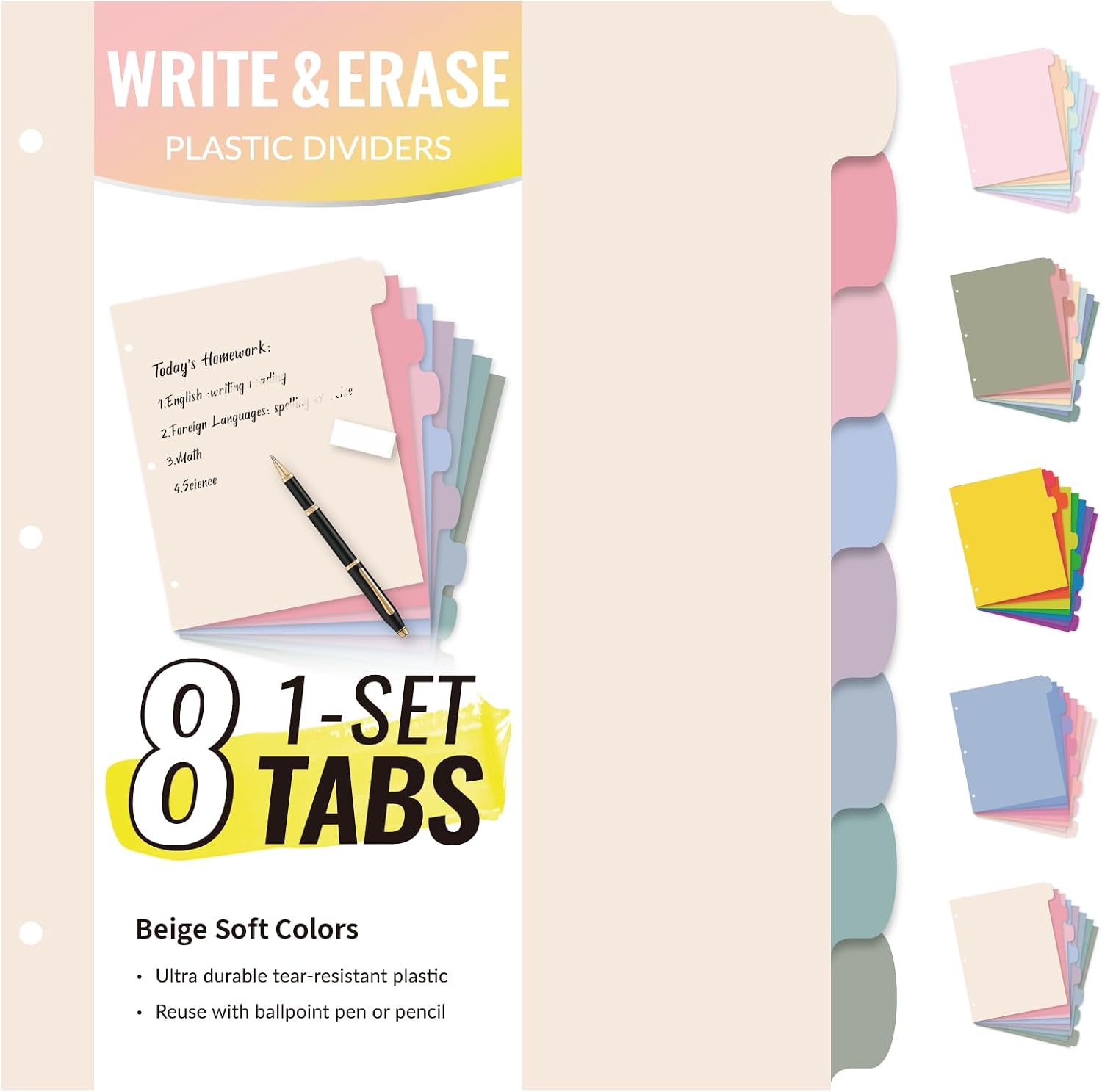 Sooez 8 Tabs Plastic Write & Erase Binder Dividers with Tabs, 1 Set | Long-Lasting Dividers for 3 Ring Binder, Cute Pastels Binder Dividers Organizers for Student, Teacher, Office, Beige Color
