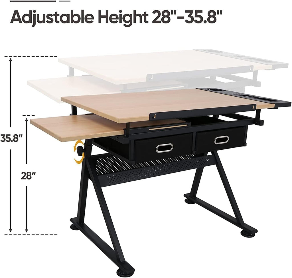 Drafting Table Drawing Desk Reclining Tiltable Tabletop Bundle Set with Stool and 2 Storage Drawers Art Writing Reading Workstation for Office and Home