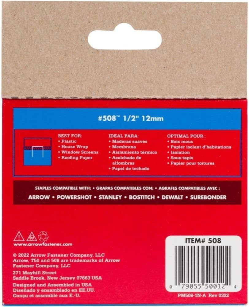 Arrow Fastener Heavy Duty Staples 508 - Flat Crown, Steel, T50 Stapler Compatible - 1/2", 24 Pack