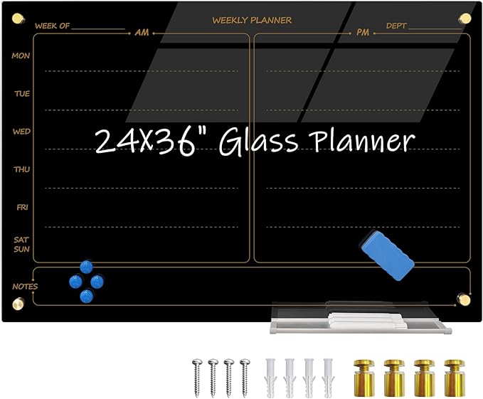 Magnetic Planner Black Glass Board 24"X36" Weekly Glass Calendar Glassboard by YoupuStationery