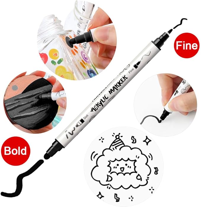 TRANSON 4 Black and 4 White Paint Markers Bold and Fine Dual-tip Acrylic Paint - Image 3