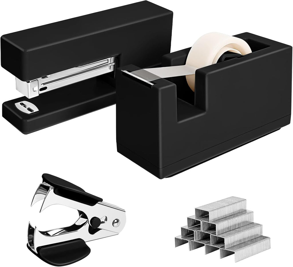 1 Desktop Stapler & 1 Tape Dispenser,Black Stapler for Desk | 25 Sheet Capacity with 830 Staples and Staple Remover, Non-Slip for Office,School, Home & Classroom