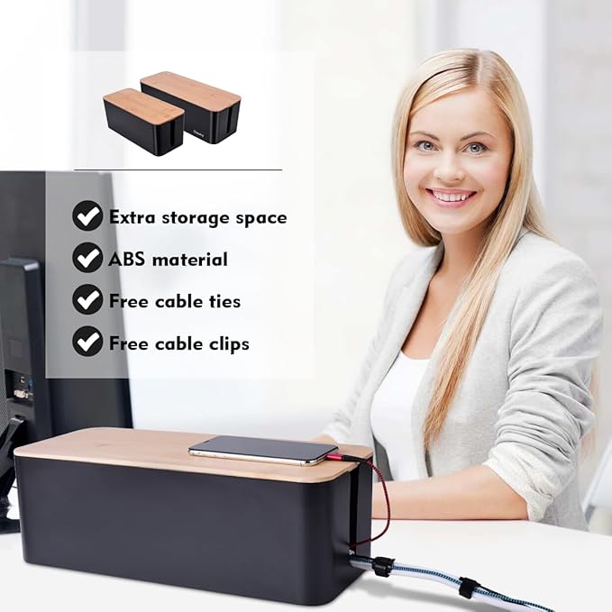 2 Pack Large Cable Management Box – Wooden Style Cord Organizer Box and Cover - Image 4